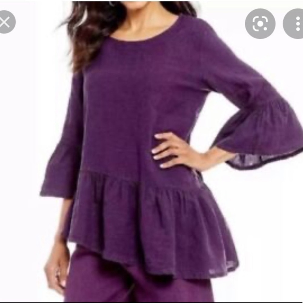Bryn Walker 100% Linen Bell sleeve asymmetrical Purple Ruffle Hem Blouse size L